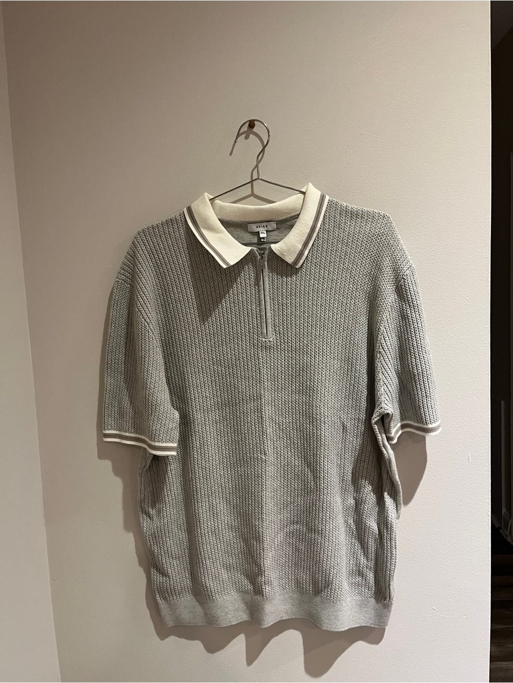 Reiss Light Gray Knit Zip Polo with Cream Contrast Collar